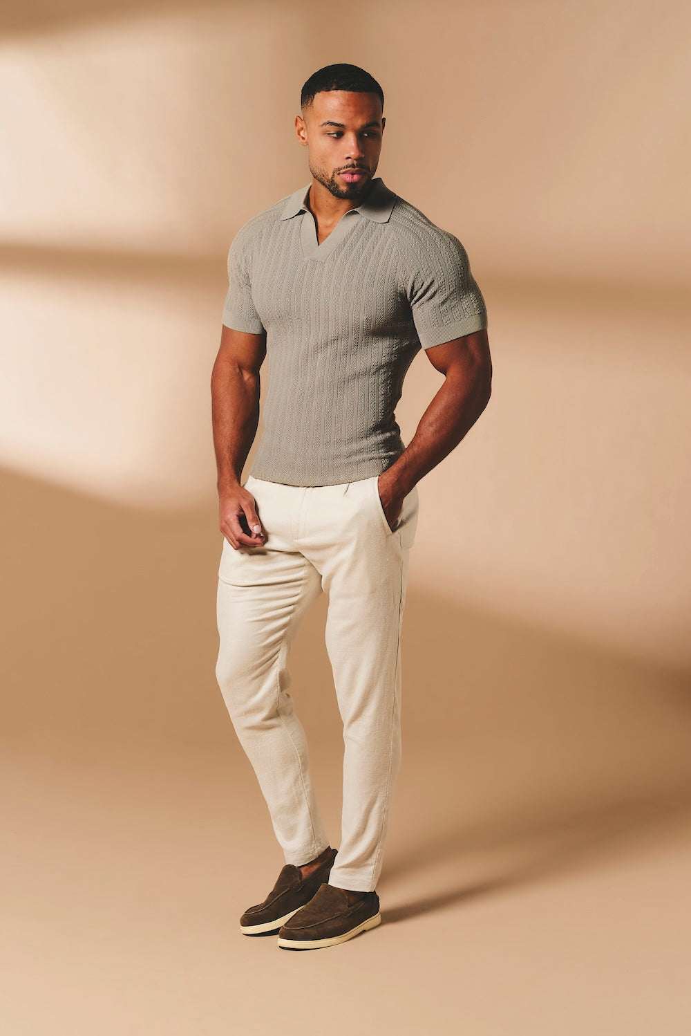 Vertical Stripe Knitted Open Collar Polo Shirt in Mole