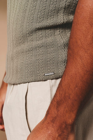 Vertical Stripe Knitted Open Collar Polo Shirt in Mole