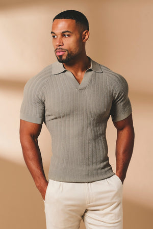 Vertical Stripe Knitted Open Collar Polo Shirt in Mole