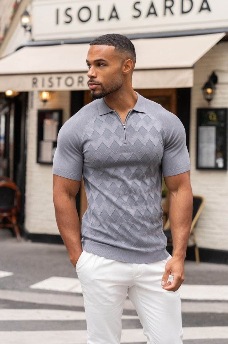 Diamond Jacquard Knitted Polo Shirt in Smoky Charcoal - TAILORED ATHLETE - ROW