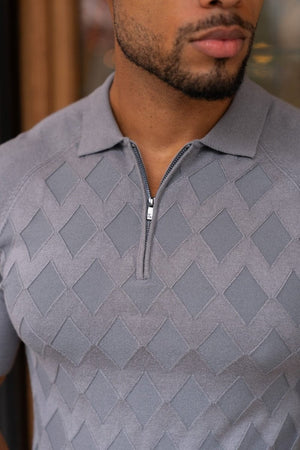Diamond Jacquard Knitted Polo Shirt in Smoky Charcoal - TAILORED ATHLETE - ROW
