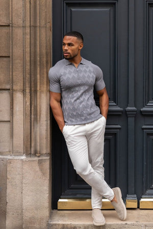 Diamond Jacquard Knitted Polo Shirt in Smoky Charcoal - TAILORED ATHLETE - ROW