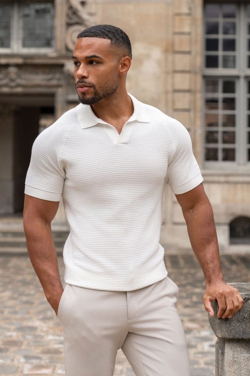 Textured Knitted Open Collar Polo Shirt in Winter White - TAILORED ATHLETE - ROW