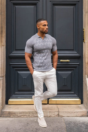 Diamond Jacquard Knitted Polo Shirt in Smoky Charcoal - TAILORED ATHLETE - ROW