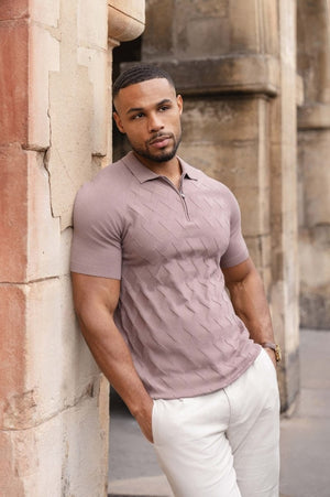 Diamond Jacquard Knitted Polo Shirt in Smoked Rose - TAILORED ATHLETE - ROW