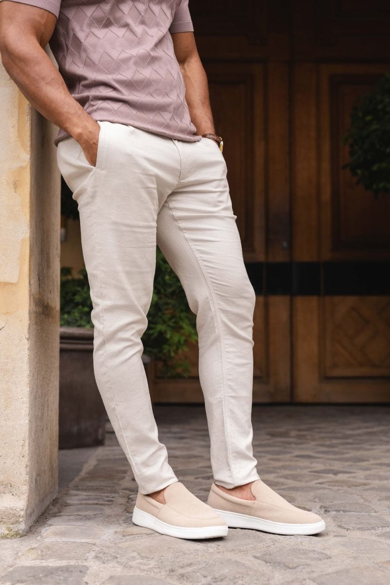 Linen Blend Single Pleated Trousers in Stone - TAILORED ATHLETE - ROW