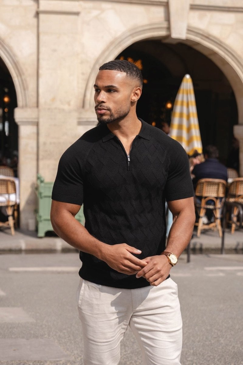 Diamond Jacquard Knitted Polo Shirt in Black - TAILORED ATHLETE - ROW