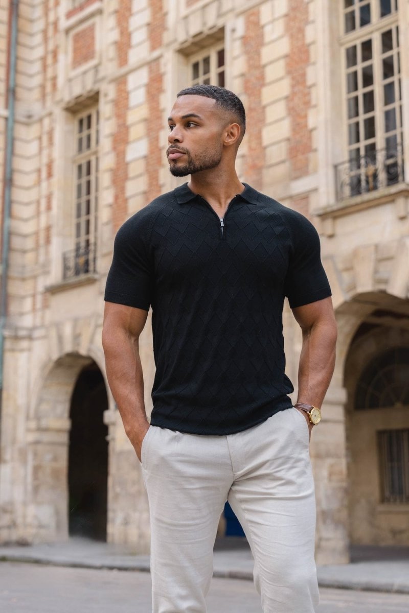 Diamond Jacquard Knitted Polo Shirt in Black - TAILORED ATHLETE - ROW