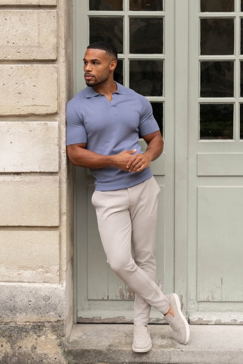 Textured Open Collar Knitted Polo Shirt in Soft Slate - TAILORED ATHLETE - ROW