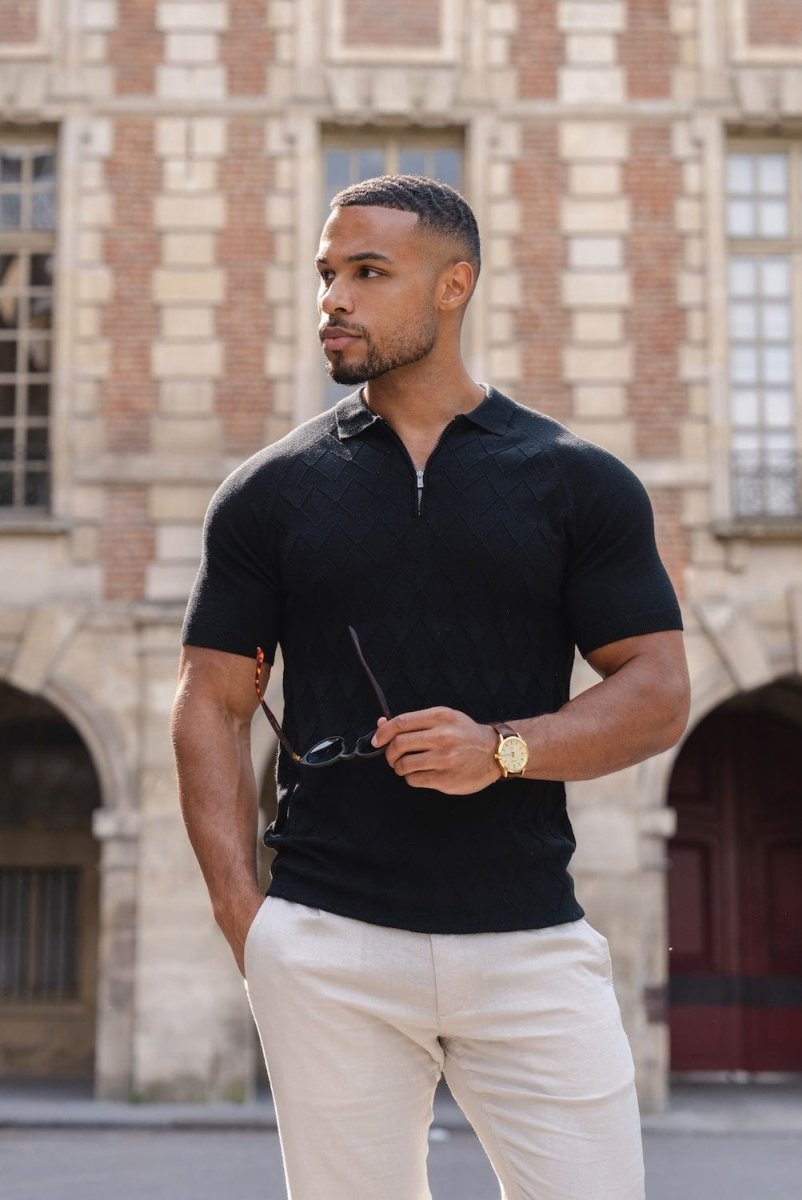 Diamond Jacquard Knitted Polo Shirt in Black - TAILORED ATHLETE - ROW
