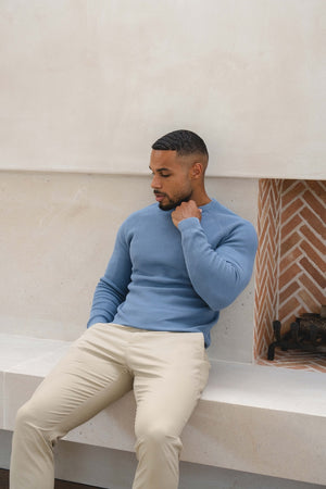 Pure Cotton Knitted Textured Crew Neck Jumper in Airforce Blue