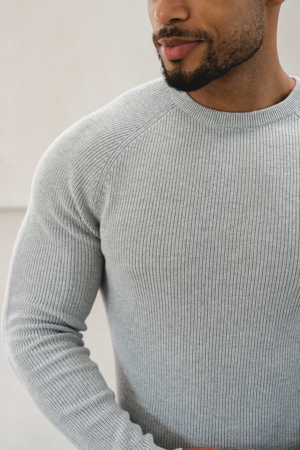 Pure Cotton Knitted Textured Crew Neck Jumper in Silver Grey Marl