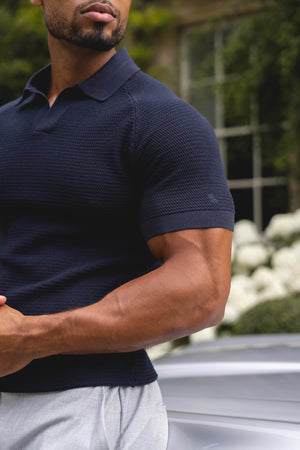 Textured Knitted Open Collar Polo Shirt in Navy