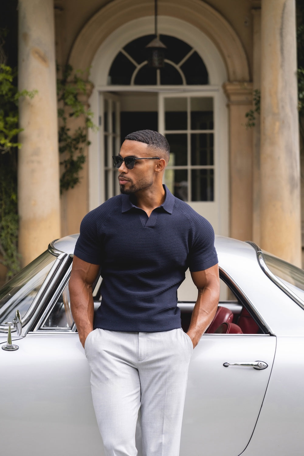 Textured Knitted Open Collar Polo Shirt in Navy