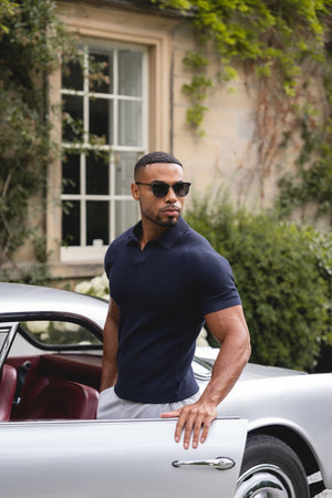 Textured Knitted Open Collar Polo Shirt in Navy