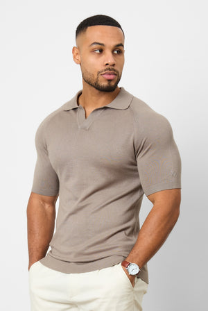 Textured Open Collar Knitted Polo Shirt in Mole - TAILORED ATHLETE - ROW