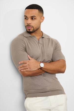 Textured Open Collar Knitted Polo Shirt in Mole - TAILORED ATHLETE - ROW