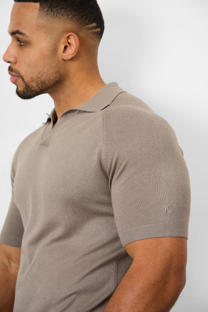 Textured Open Collar Knitted Polo Shirt in Mole - TAILORED ATHLETE - ROW