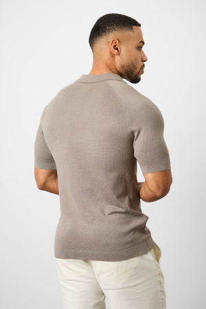 Textured Open Collar Knitted Polo Shirt in Mole - TAILORED ATHLETE - ROW