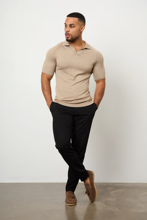 Textured Open Collar Knitted Polo Shirt in Stone - TAILORED ATHLETE - ROW