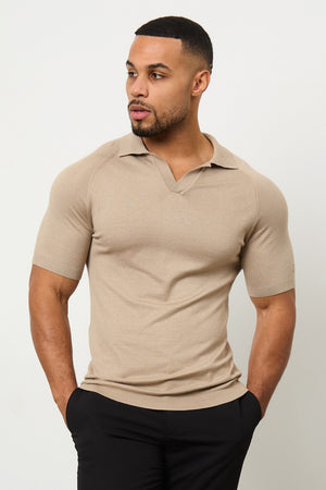 Textured Open Collar Knitted Polo Shirt in Stone - TAILORED ATHLETE - ROW