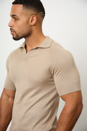 Textured Open Collar Knitted Polo Shirt in Stone - TAILORED ATHLETE - ROW