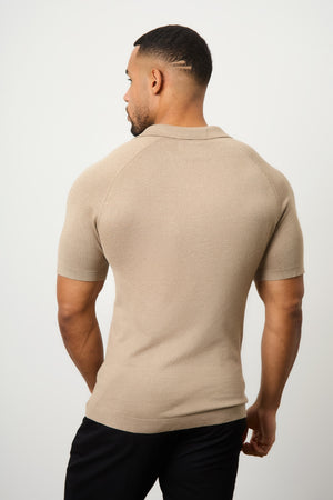 Textured Open Collar Knitted Polo Shirt in Stone - TAILORED ATHLETE - ROW