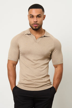 Textured Open Collar Knitted Polo Shirt in Stone - TAILORED ATHLETE - ROW