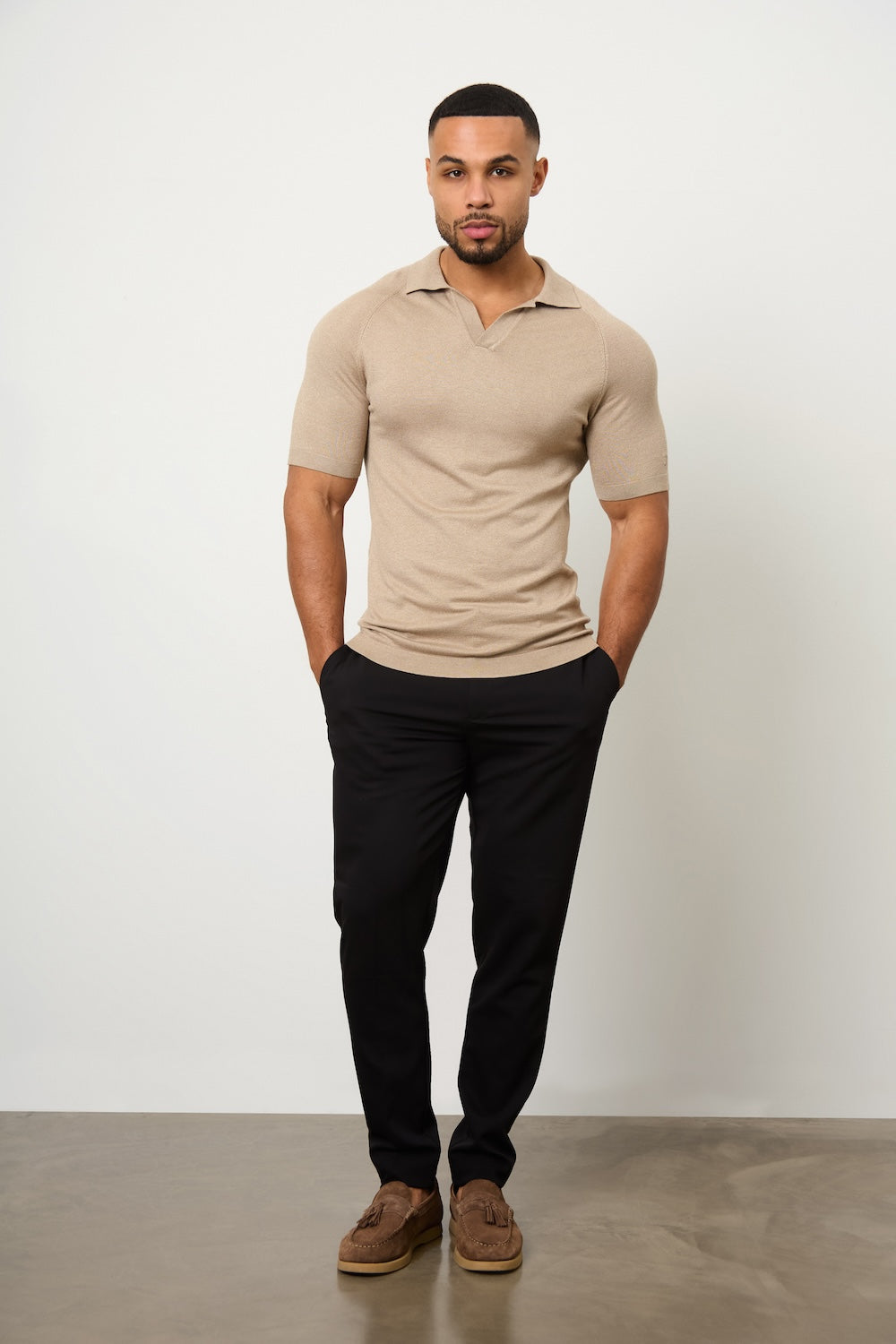 Textured Open Collar Knitted Polo Shirt in Stone - TAILORED ATHLETE - ROW