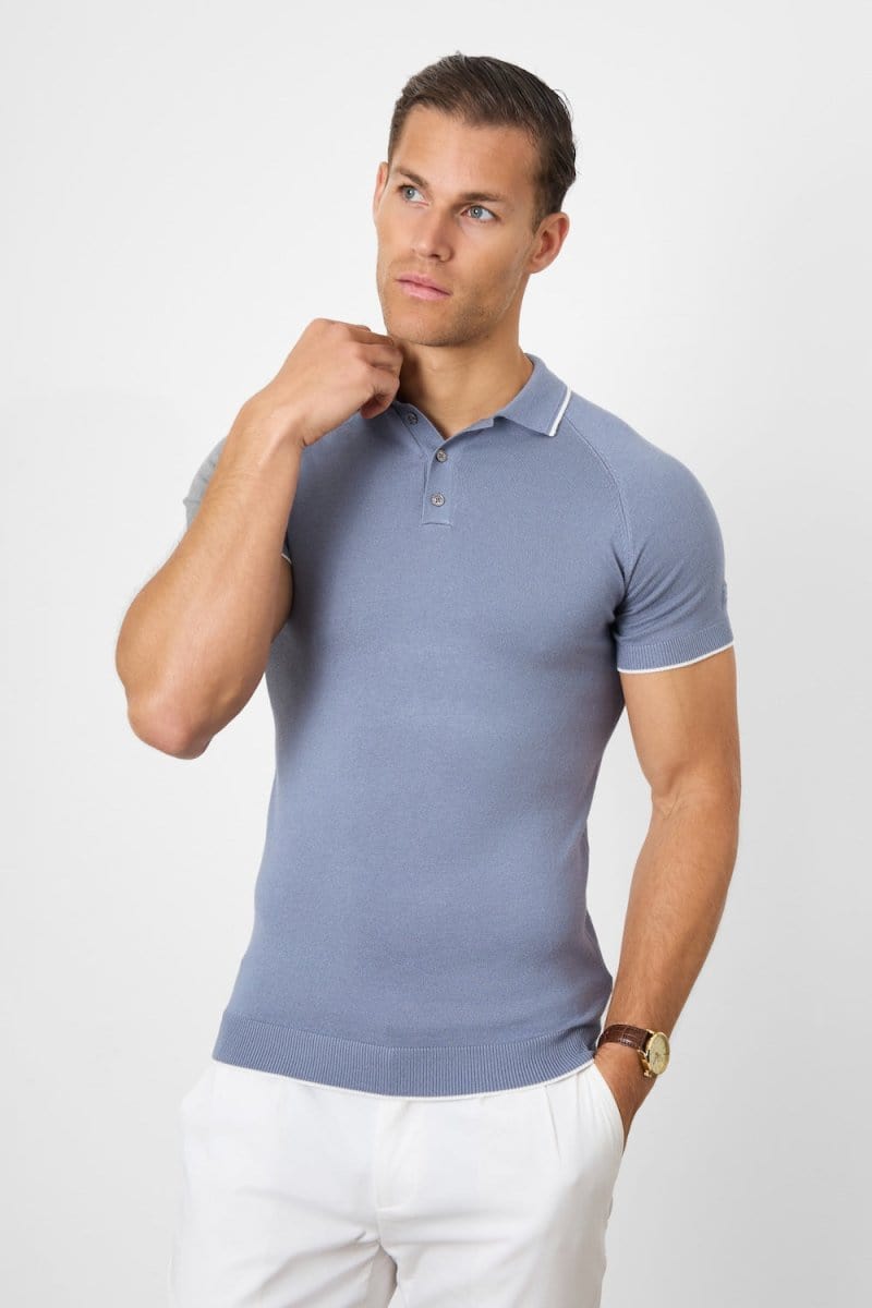 Tipped Knitted Polo Shirt in Airforce Blue - TAILORED ATHLETE - ROW