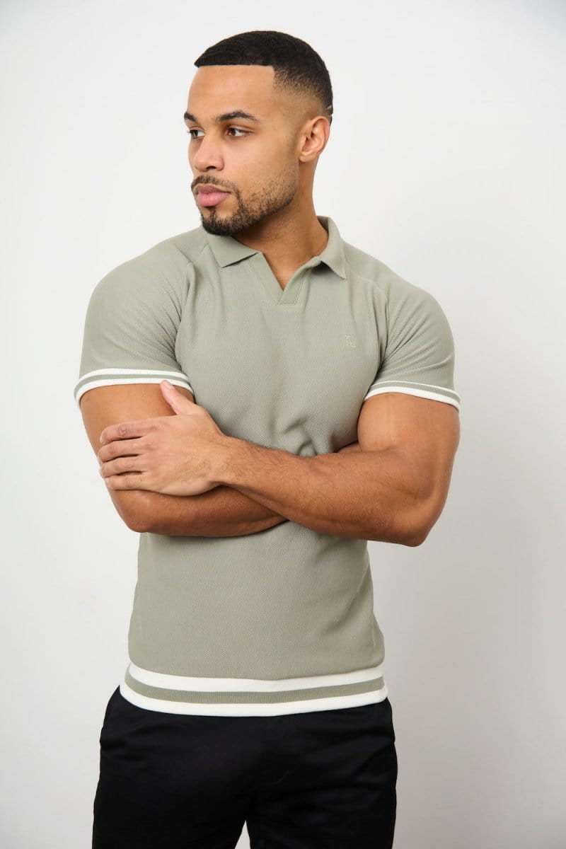 Tipped Textured Open Collar Polo Shirt in Soft Khaki - TAILORED ATHLETE - ROW