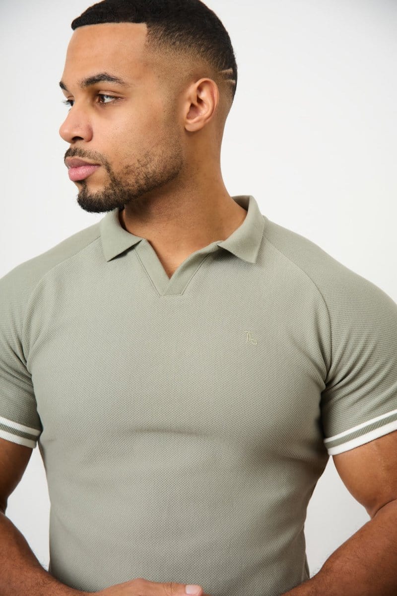 Tipped Textured Open Collar Polo Shirt in Soft Khaki - TAILORED ATHLETE - ROW