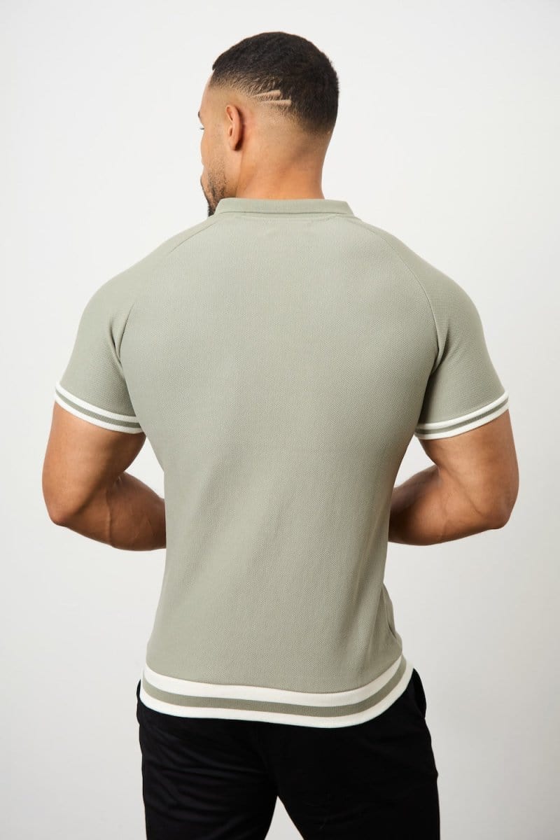 Tipped Textured Open Collar Polo Shirt in Soft Khaki - TAILORED ATHLETE - ROW