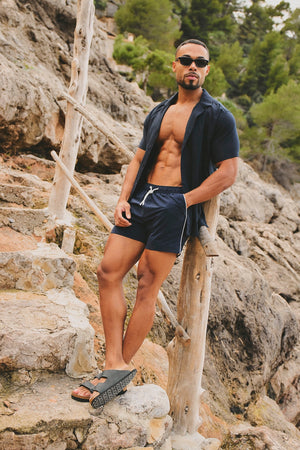 Quick Dry Piped Swim Shorts in Navy