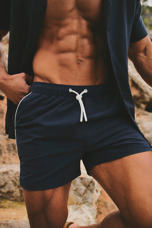 Quick Dry Piped Swim Shorts in Navy