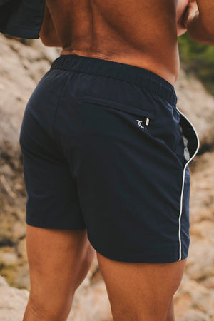 Quick Dry Piped Swim Shorts in Navy