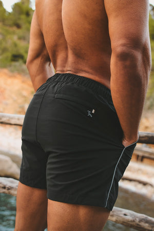 Quick Dry Piped Swim Short in Black and Graphite