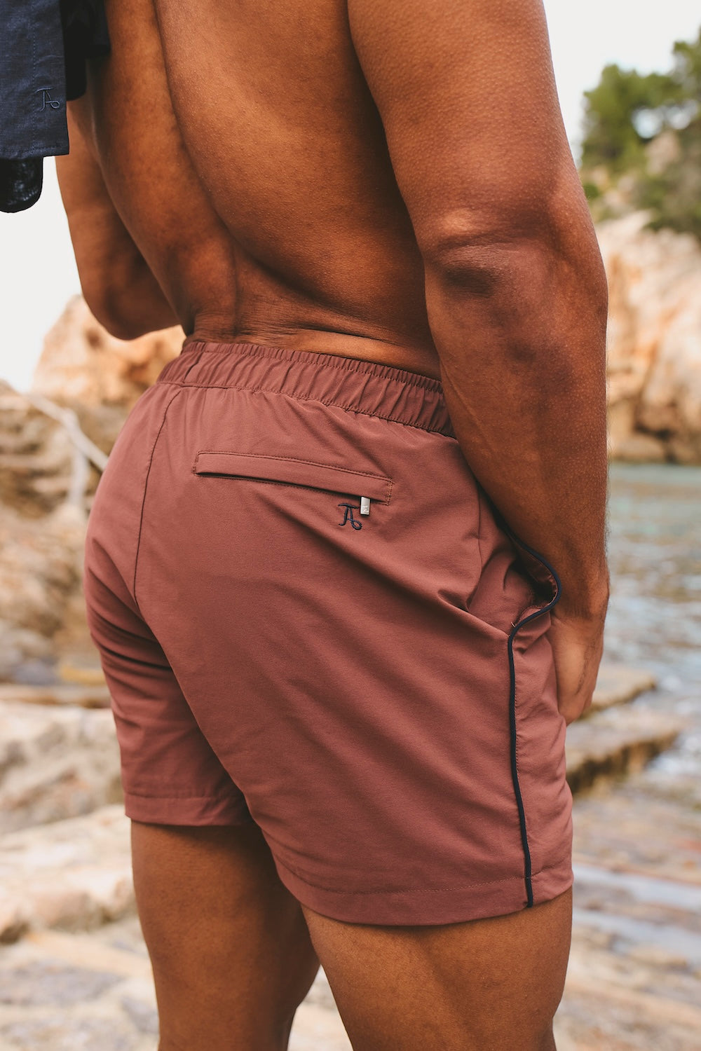 Quick Dry Piped Swim Short in Terracotta and Navy
