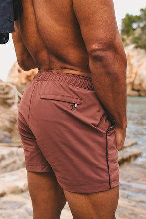 Quick Dry Piped Swim Short in Terracotta and Navy
