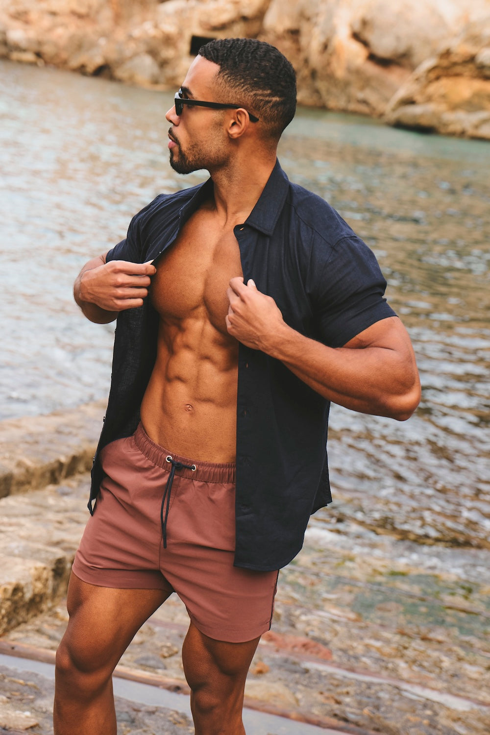 Quick Dry Piped Swim Short in Terracotta and Navy