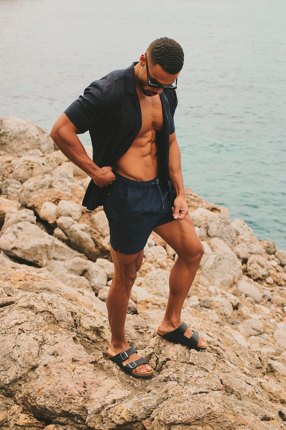 Quick Dry Seersucker Stripe Swim Short in Navy