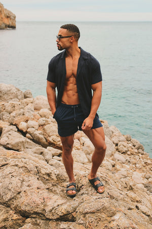 Quick Dry Seersucker Stripe Swim Short in Navy