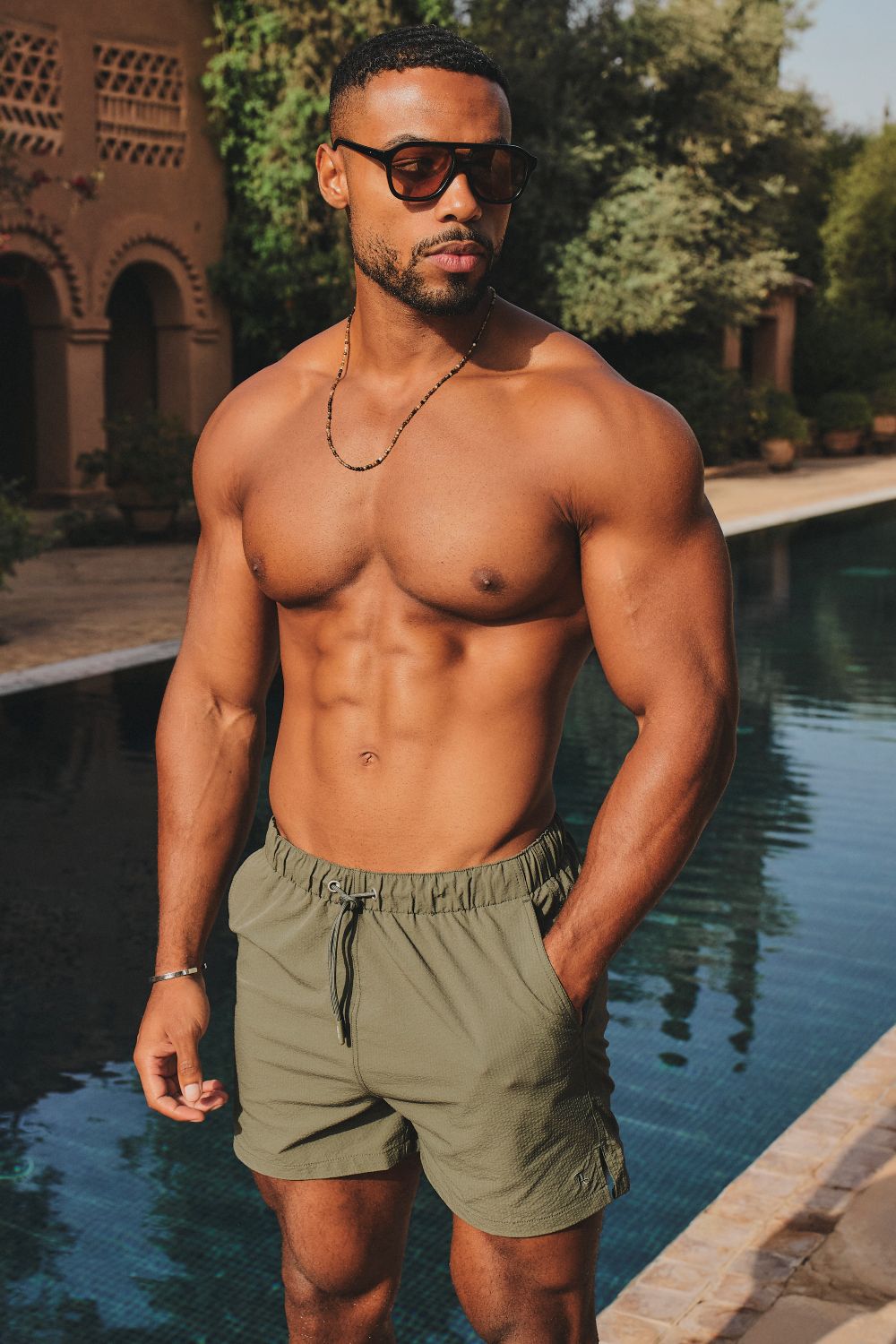 Quick Dry Seersucker Stripe Swim Short in Khaki