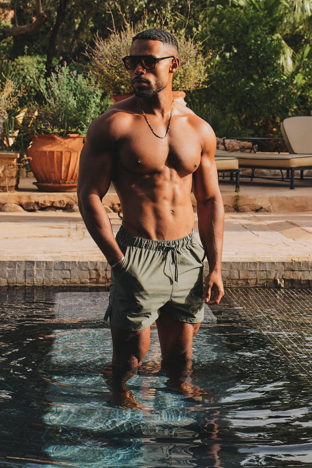 Quick Dry Seersucker Stripe Swim Short in Khaki