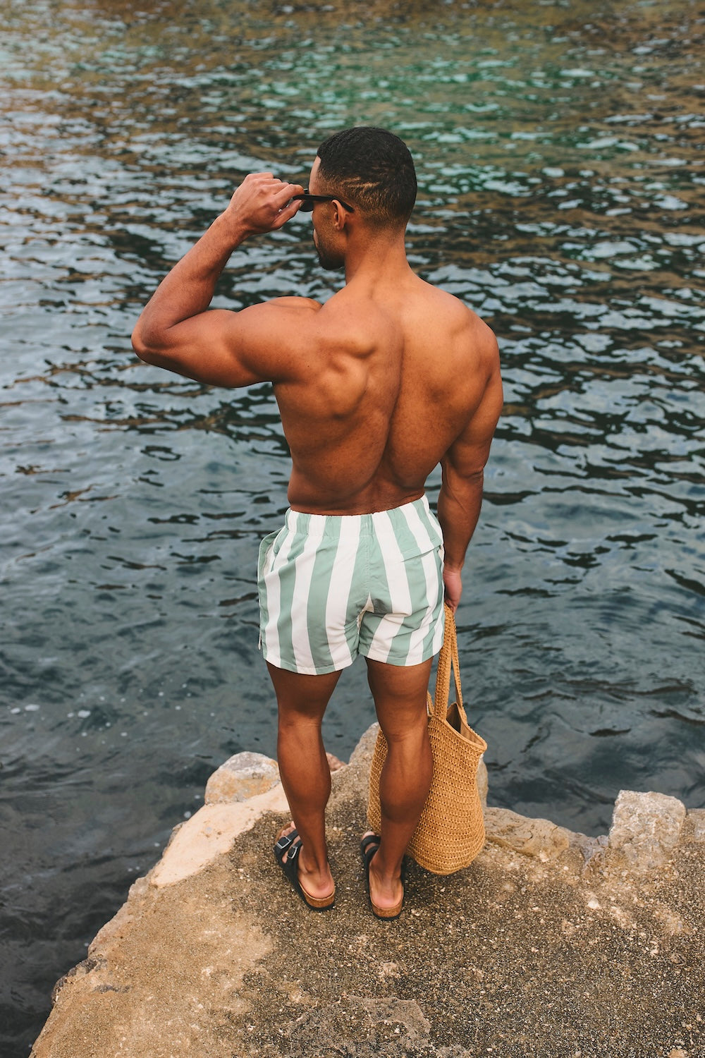 Quick Dry Printed Bold Stripe Swim Shorts in Sage/Off-White