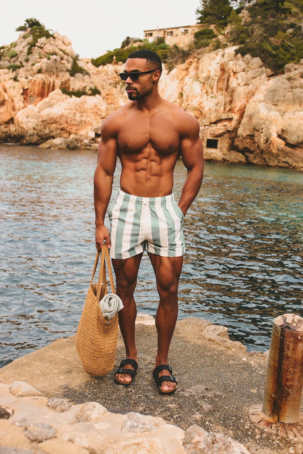 Quick Dry Printed Bold Stripe Swim Shorts in Sage/Off-White