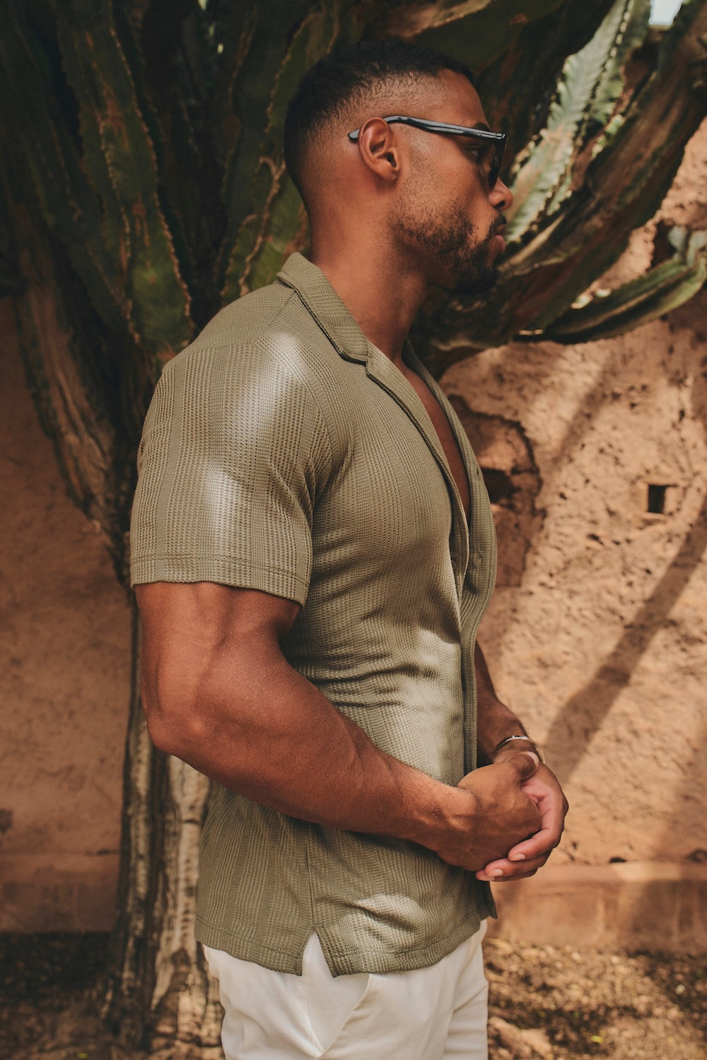 Waffle Textured Striped Cuban Collar Shirt in Khaki
