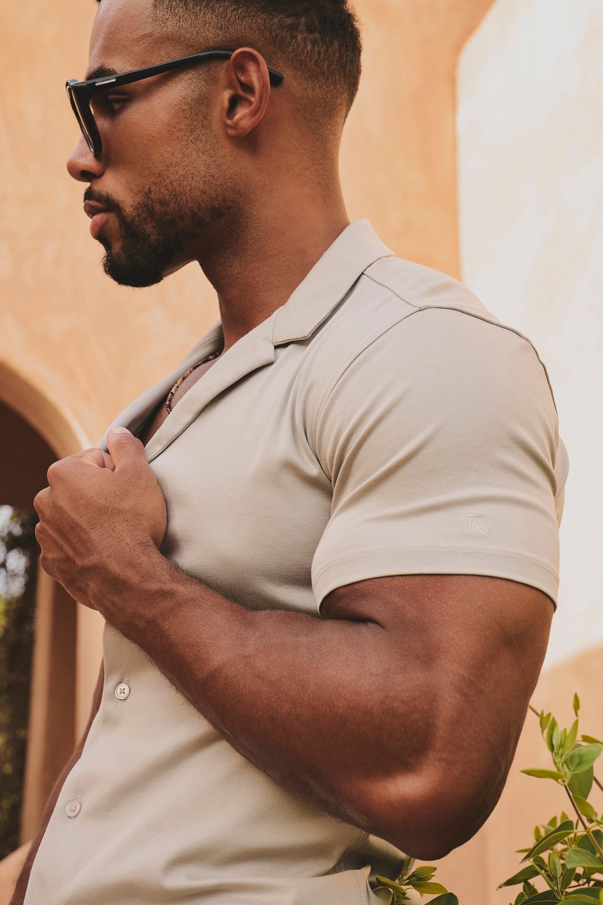 Mercerised Cotton Open Collar Shirt in Taupe
