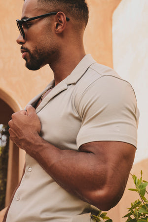 Mercerised Cotton Open Collar Shirt in Taupe