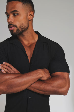 Textured Cuban Collar Shirt in Black